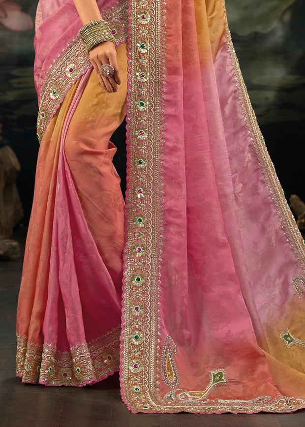 Pink Yellow Ombre Embroidered Designer Saree
