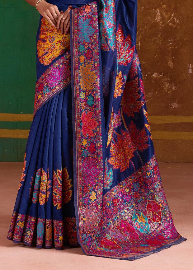 Sapphire Blue Woven Cotton Kashmiri Jamewar Saree