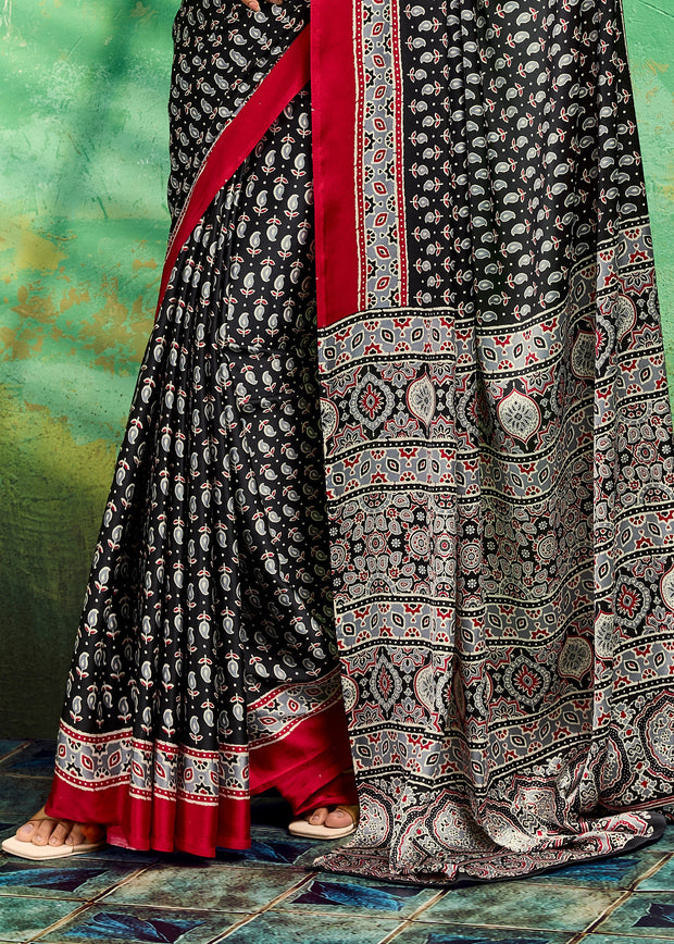 Black Printed Satin Silk Saree