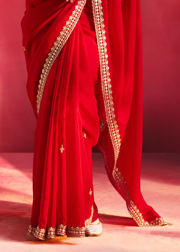 Bridal Red Embroidered Soft Silk Saree With Contrast Blouse