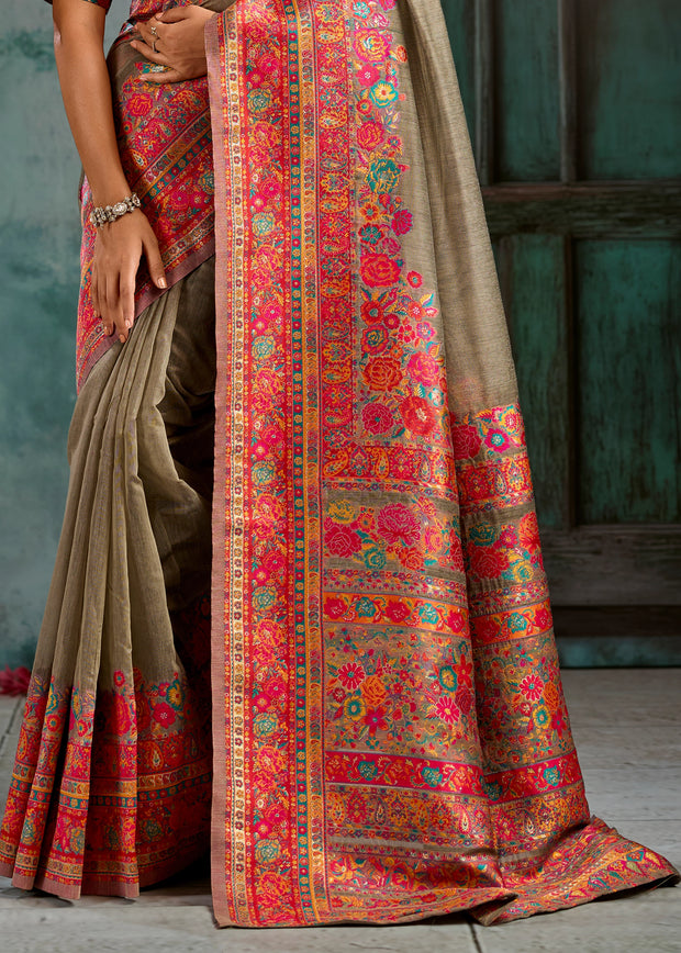 Grey Woven Cotton Kashmiri Jamewar Saree