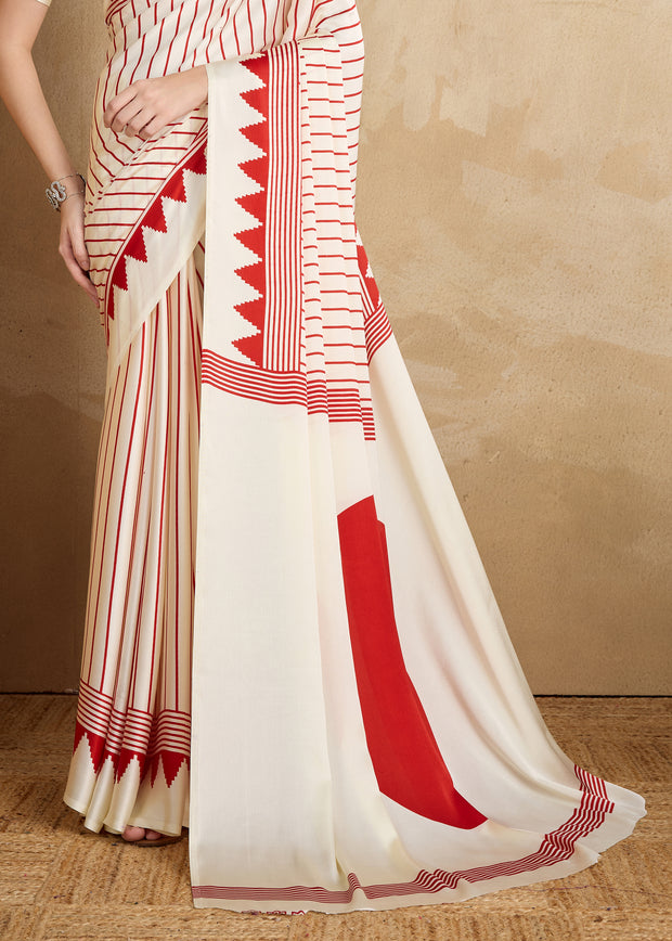 Off White And Red Printed Satin Silk Saree