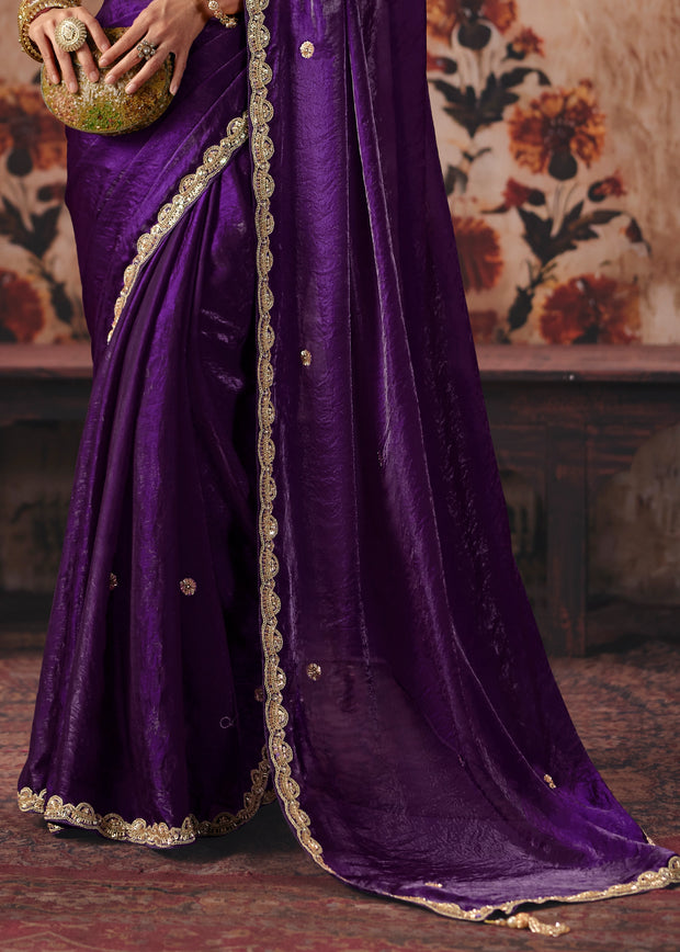 Deep Purple Designer Satin SIlk Saree With Embroidered Blouse