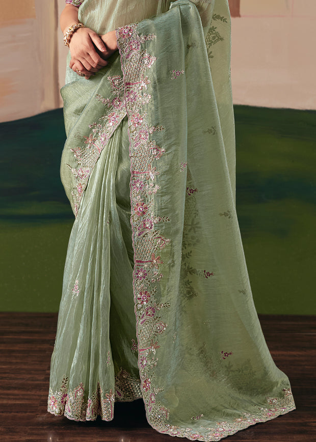 Sage Green Embroidered Designer Saree