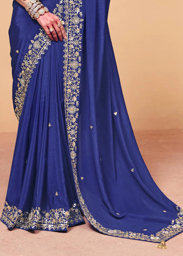 Ultramarine Blue Embroidered Designer Tissue Saree