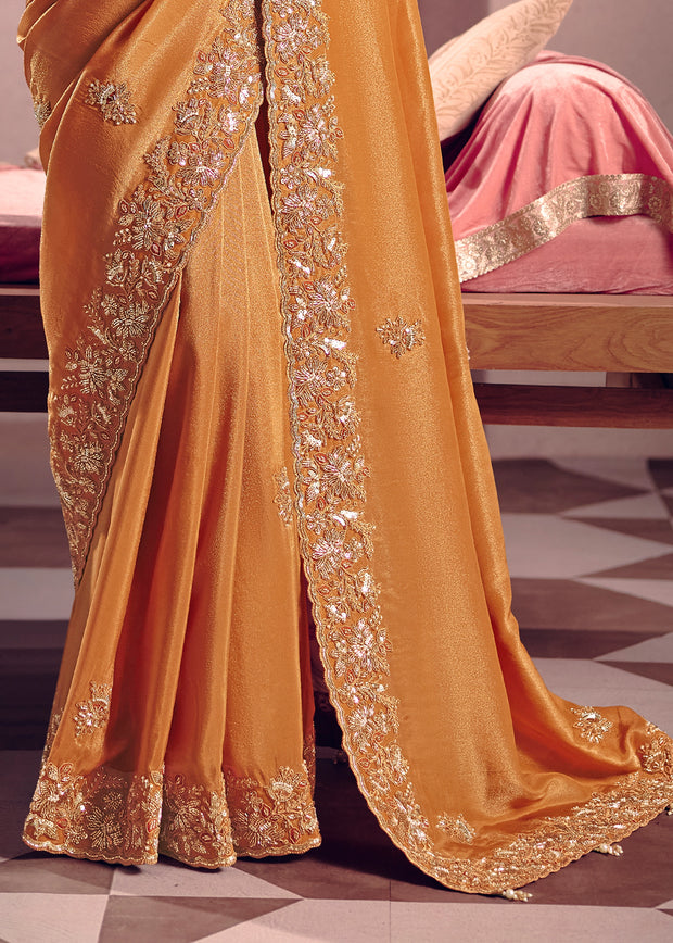 Saffron Orange Embroidered Tissue Designer Saree