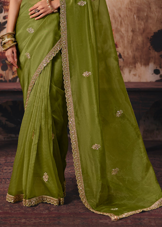 Olive Green Designer Organza Saree With Embroidered Blouse