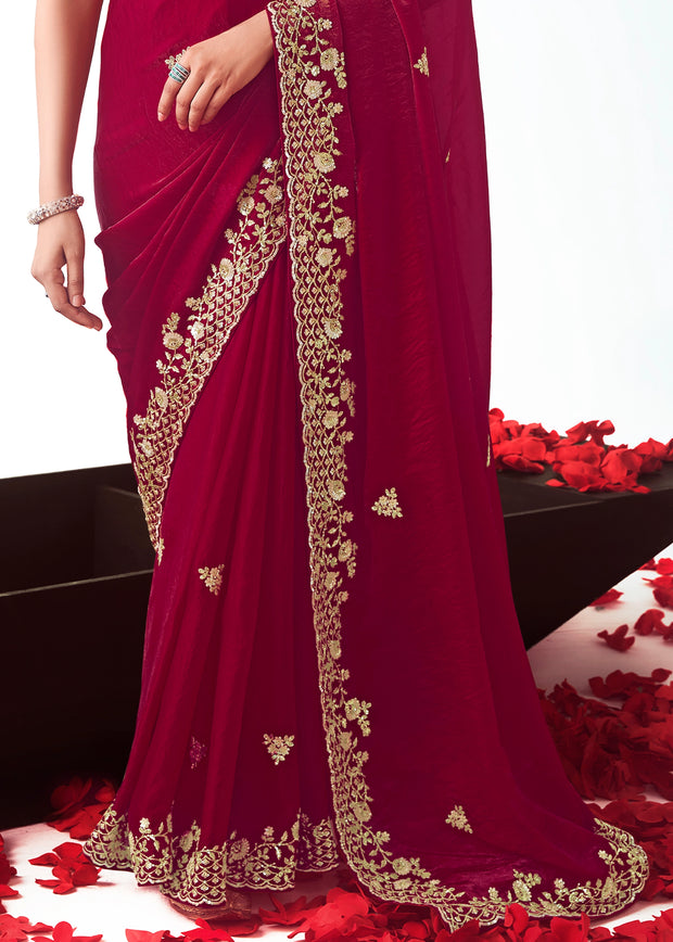 Maroon Embroidered Designer Tissue Saree