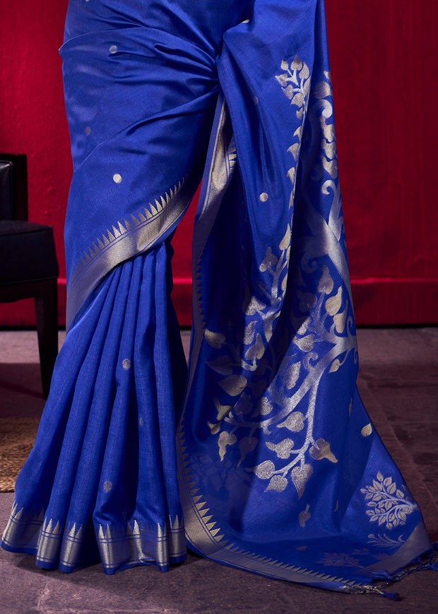 Indigo Blue Banarasi Satin Linen Silk Saree