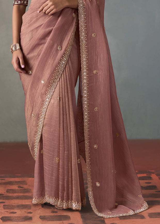 Mauve Embroidered Silk Saree With Heavy Blouse