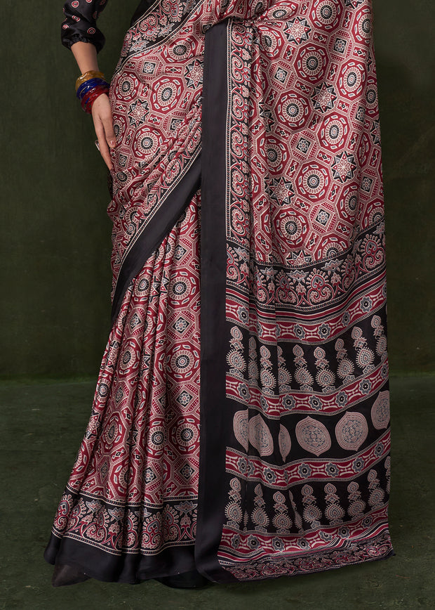 Black And Red Printed Satin Crepe Silk Saree