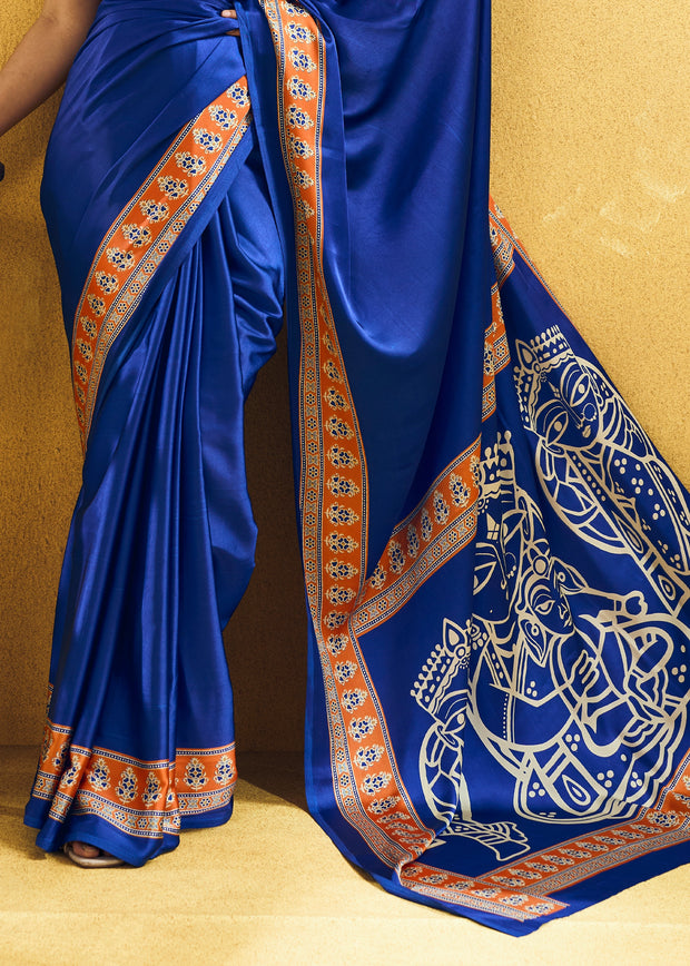 Cobalt Blue Satin Silk Saree with Ajrakh Printed Pallu and Blouse