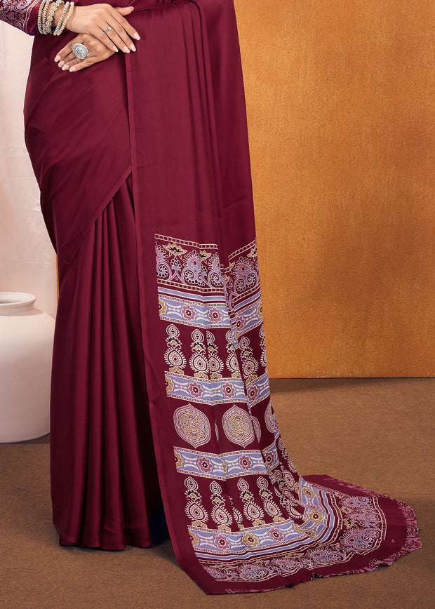 Claret Red Satin Silk Saree with Ajrakh Printed Pallu and Blouse