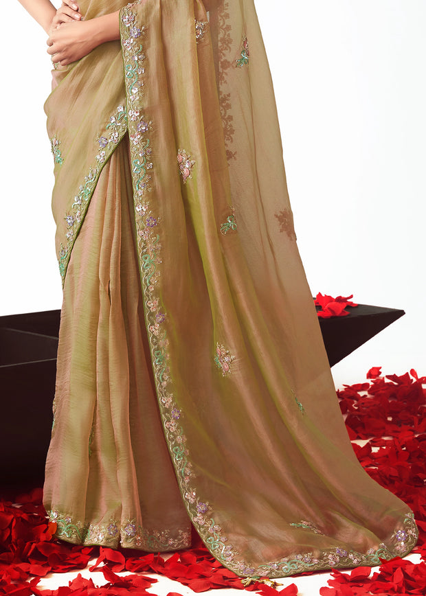 Olive Green Embroidered Designer Tissue Saree