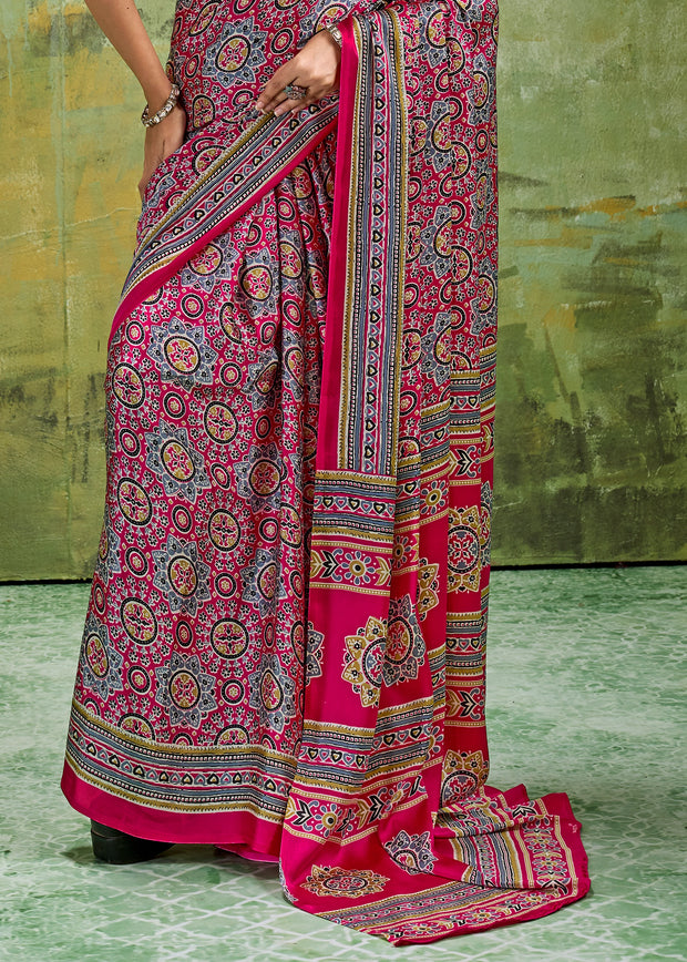 Fuchsia Pink Printed Satin Silk Saree