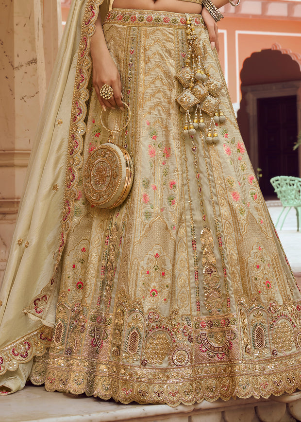 Beige Banarasi Silk Embroidered Lehenga