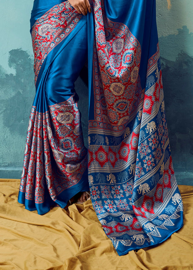 Swedish Blue Printed Satin Silk Saree