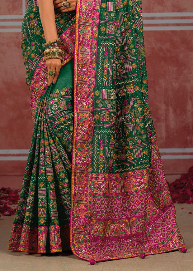 Forest Green Embroidered Designer Saree