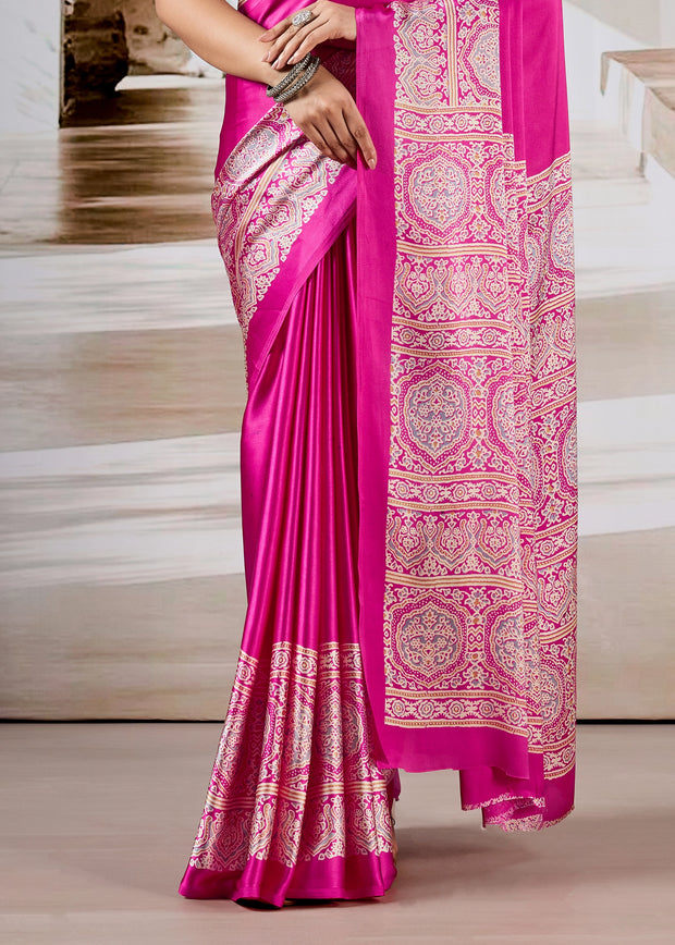 Princess Pink Printed Satin Silk Saree
