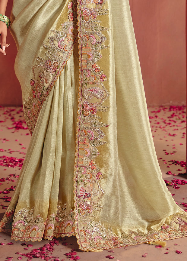 Mellow Green Designer Embroidered Saree
