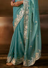 Aqua Blue Embroidered Designer Organza Saree