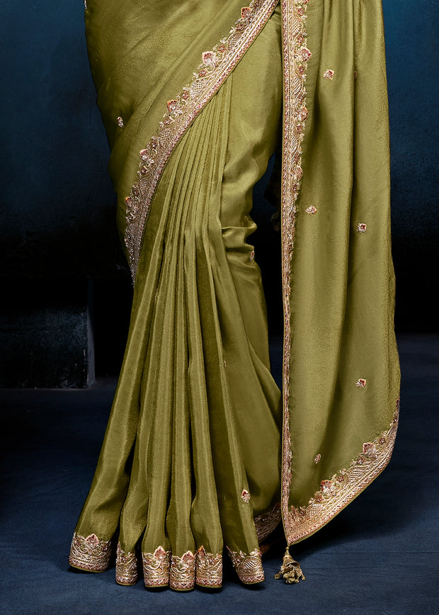 Mist Olive Embroidered Designer Tissue Saree