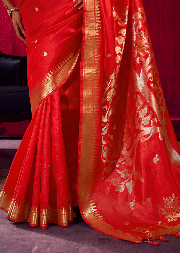 Spanish Red Banarasi Satin Linen Silk Saree