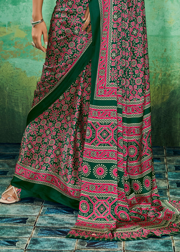 Green And Pink Printed Satin Silk Saree