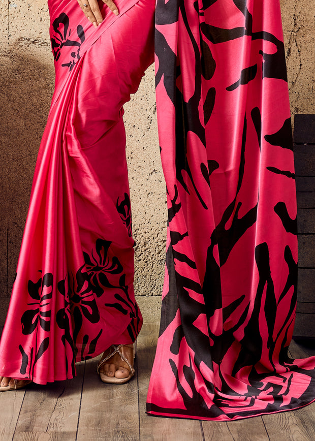 Hot Pink Printed Satin Silk Saree