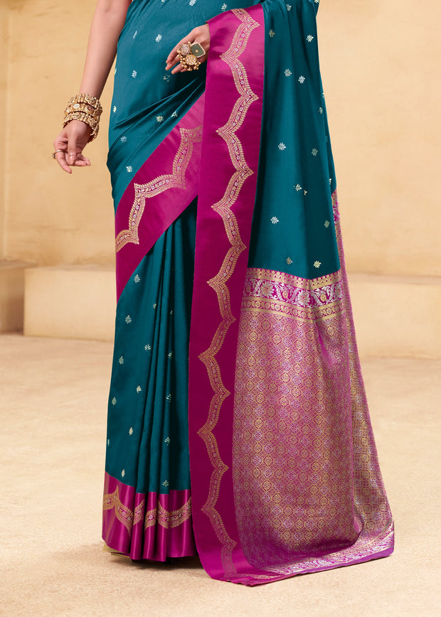 Coral Blue Woven Satin Silk Saree