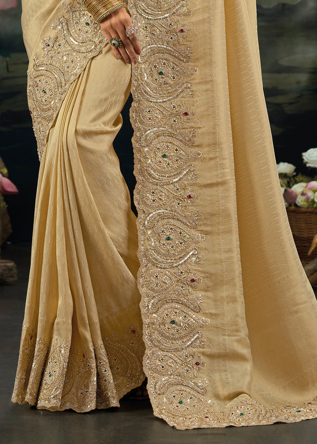 Classic Cream Embroidered Designer Saree