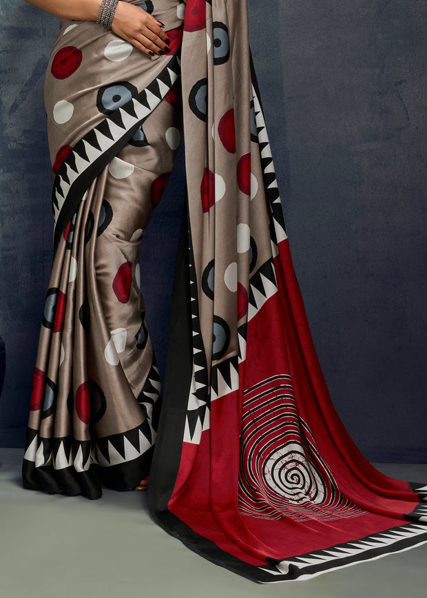 Fossil Grey Printed Satin Silk Saree