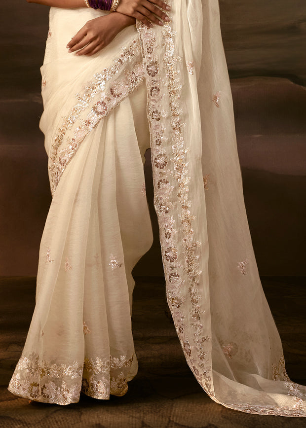 Off White Embroidered Designer Organza Saree