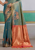 Canton Green Woven Silk Saree With Contrast Blouse