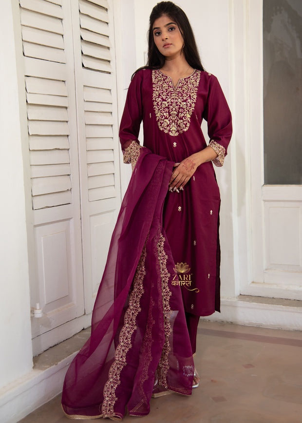 Wine Zari Embroidered Suit Set (10702047445185)