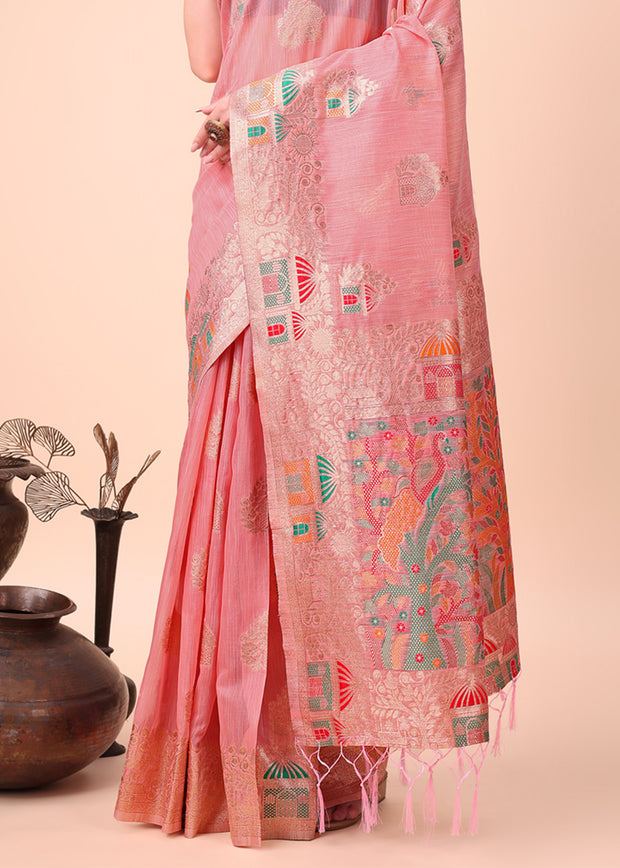 Pastel Pink Woven Linen Cotton Silk Saree