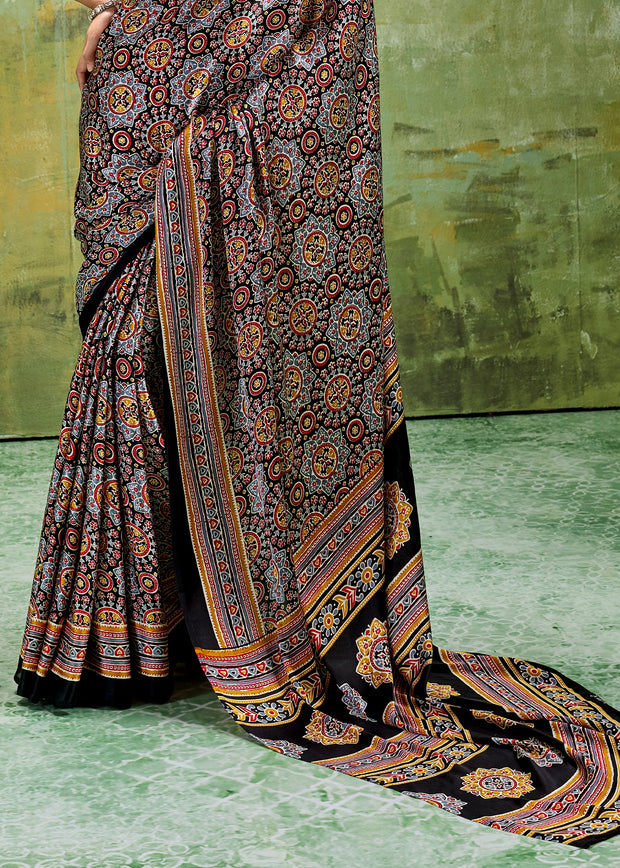 Black Printed Satin Silk Saree