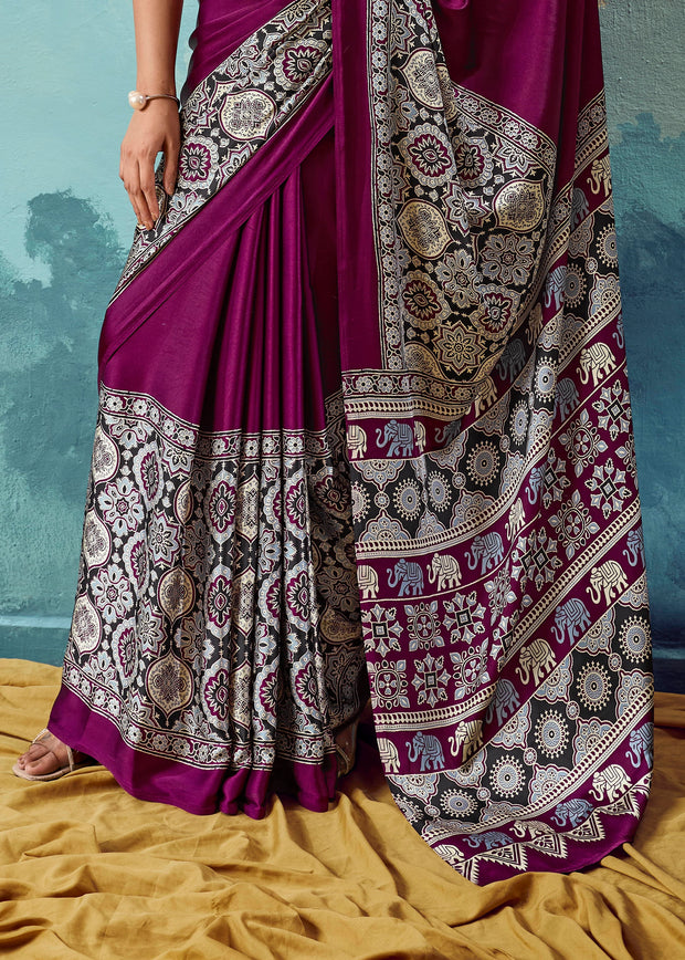 Wine Purple Printed Satin Silk Saree