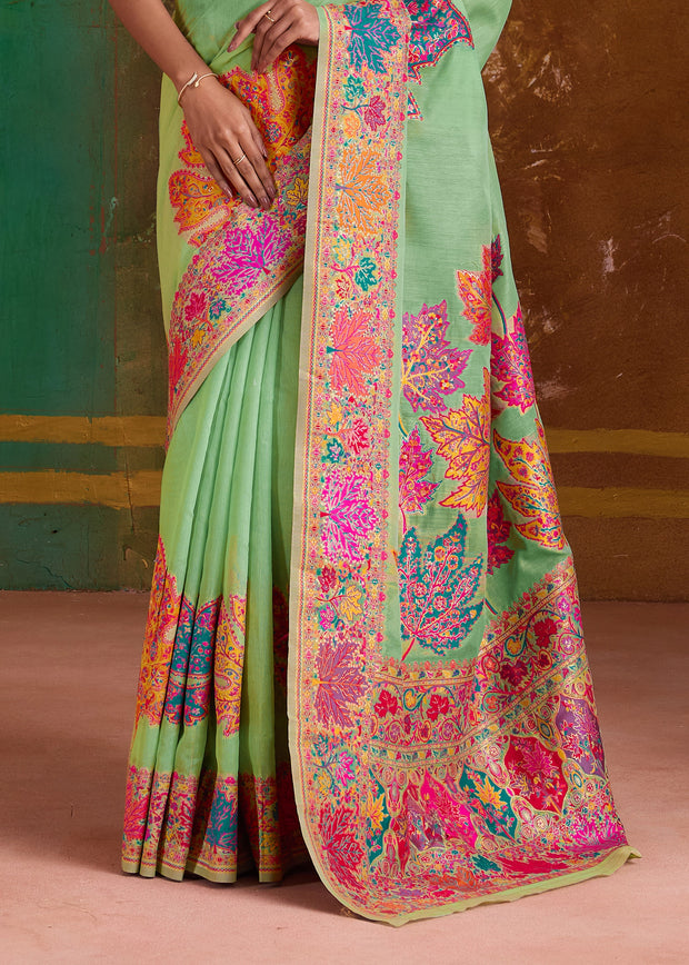 Pista Green Woven Cotton Kashmiri Jamewar Saree