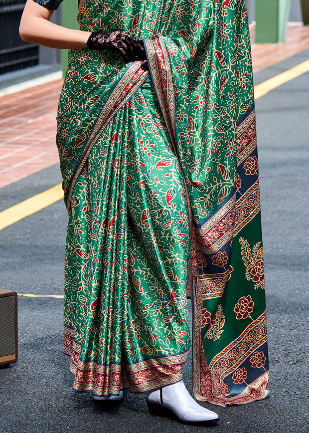 Aspen Green Satin Crepe Digital Printed Saga Saree With Contrast Blouse