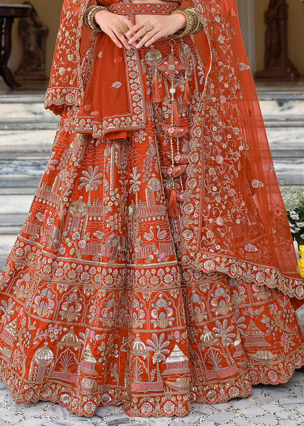 Rust Orange Embroidered Silk Bridal Lehenga With Double Dupatta