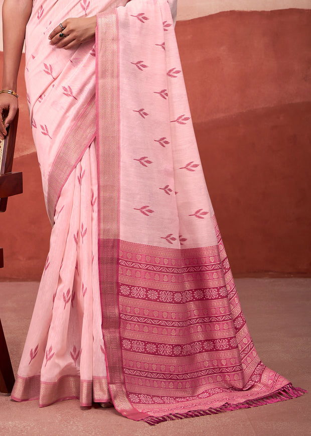 Baby Pink Woven Cotton Silk Saree