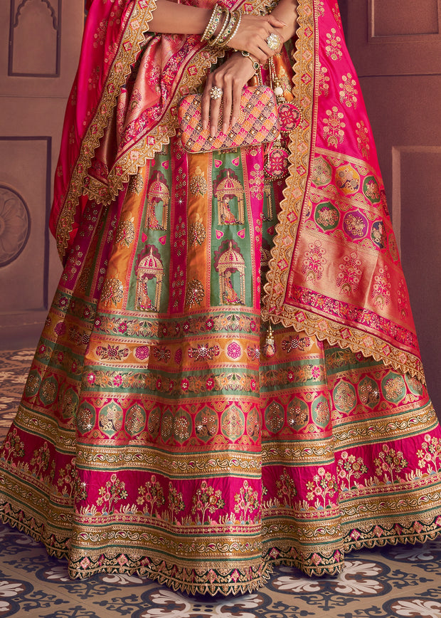 Pink And Orange Banarasi Silk Embroidered Lehenga