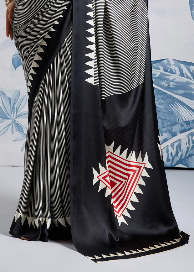 Black And White Printed Satin Silk Saree