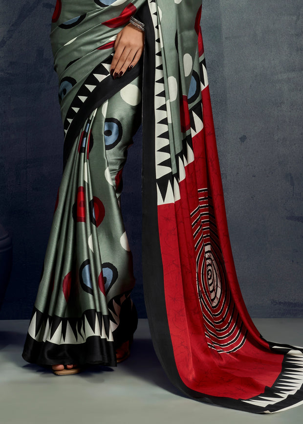Silver Grey Printed Satin Silk Saree