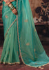 Sea Blue Designer Organza Saree With Embroidered Blouse