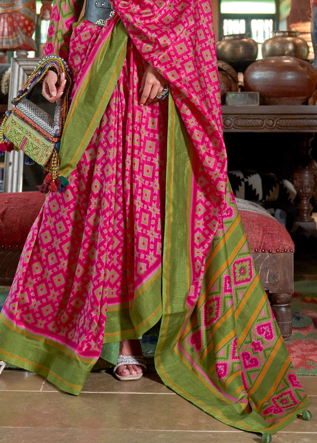 Green And Pink Printed Patola Silk Saree