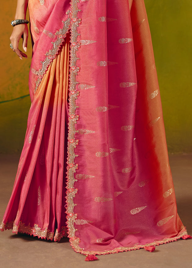 Saffron Pink Designer Embroidered Saree
