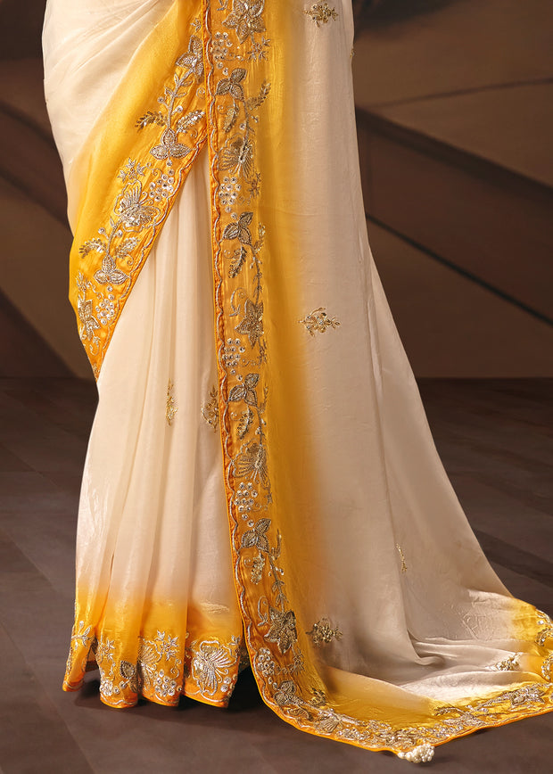 Yellow White Embroidered Designer Saree