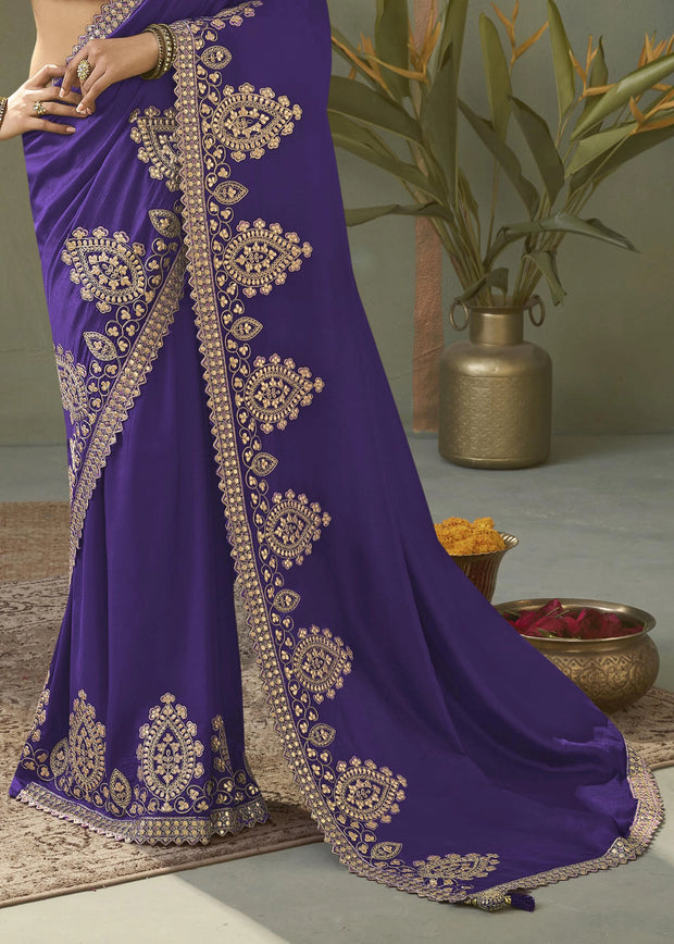 “Exclusive Offer” : Exquisite Purple Woven Embroidered Silk Saree